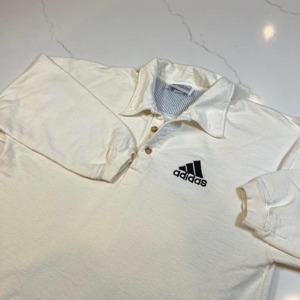 Adidas Rugby Shirt Mens Large Vintage Cream Long Sleeve Polo Embroidered Logo